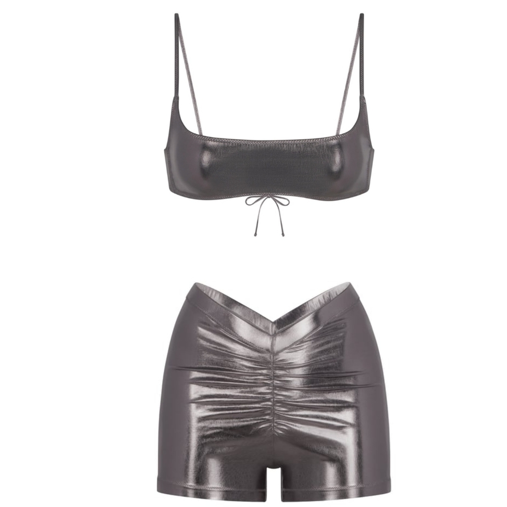 NWT SKIMS METALLIC SWIM SET IN CARBON